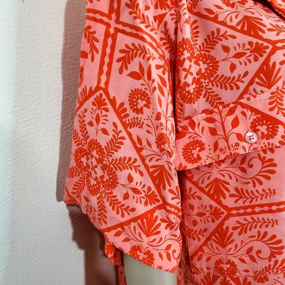 Asos Pink Red Floral Bandana Shirt Dress Buttoned Oversized Short Sleeve Sz 8 - Picture 7 of 13